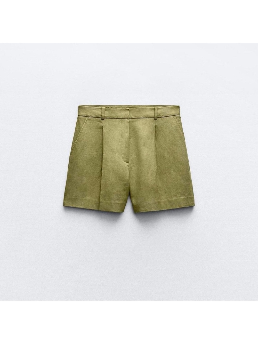 Zara Olive Green High-Waist Linen-Blend Shorts - Picture 3 of 10